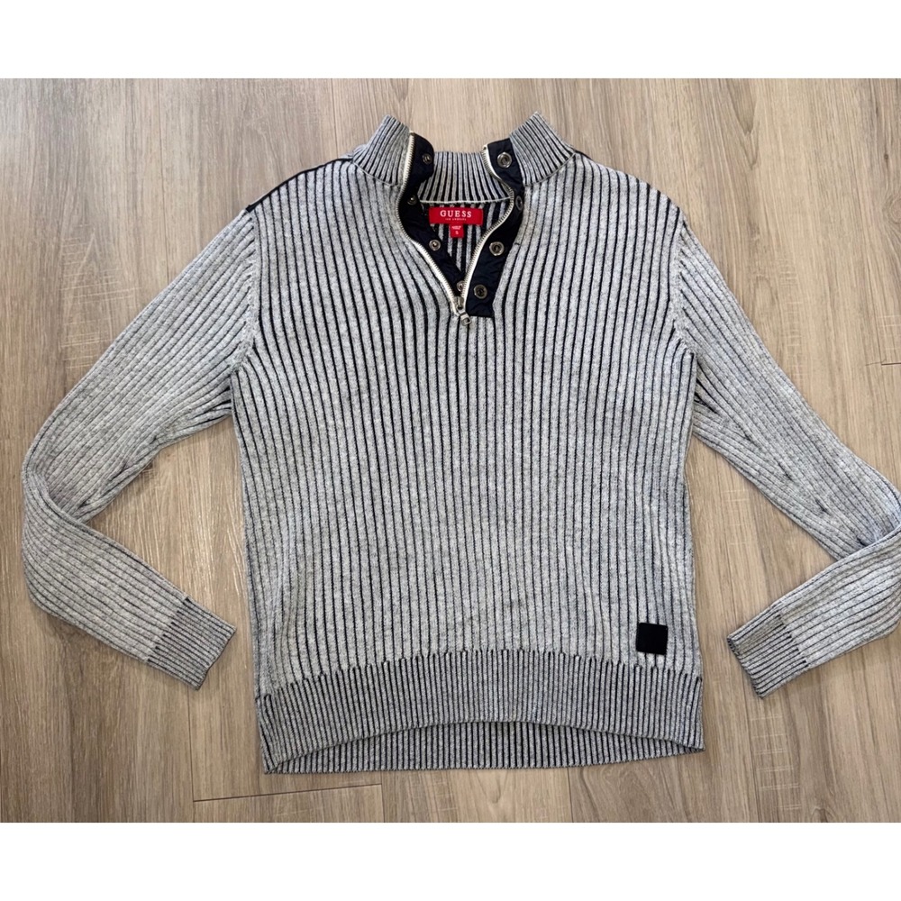 Guess Los Angeles Mens Small Grey Black Striped Ribbed Mock Neck Zip Sweater
